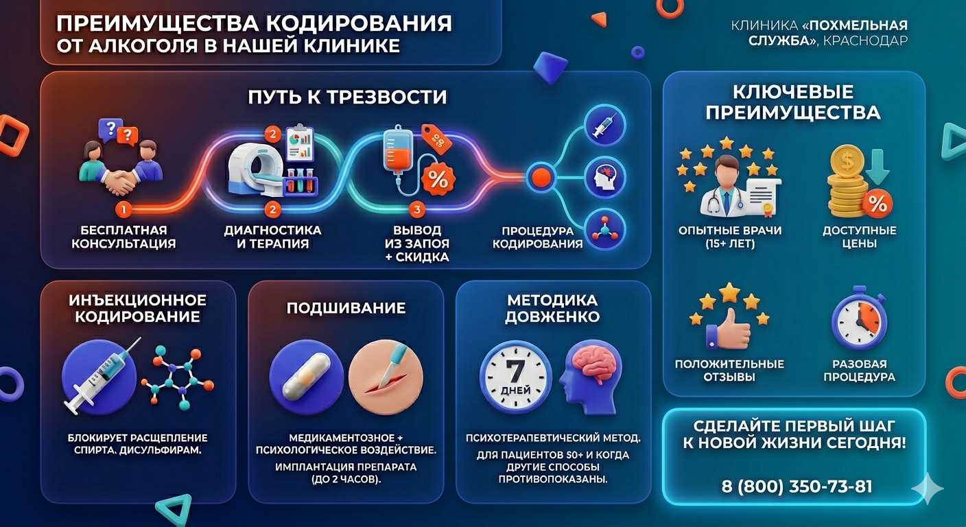Инфографика о методах кодирования от алкоголя в Обояни: инъекции, подшивание, метод Довженко. Преимущества клиники и этапы лечения.