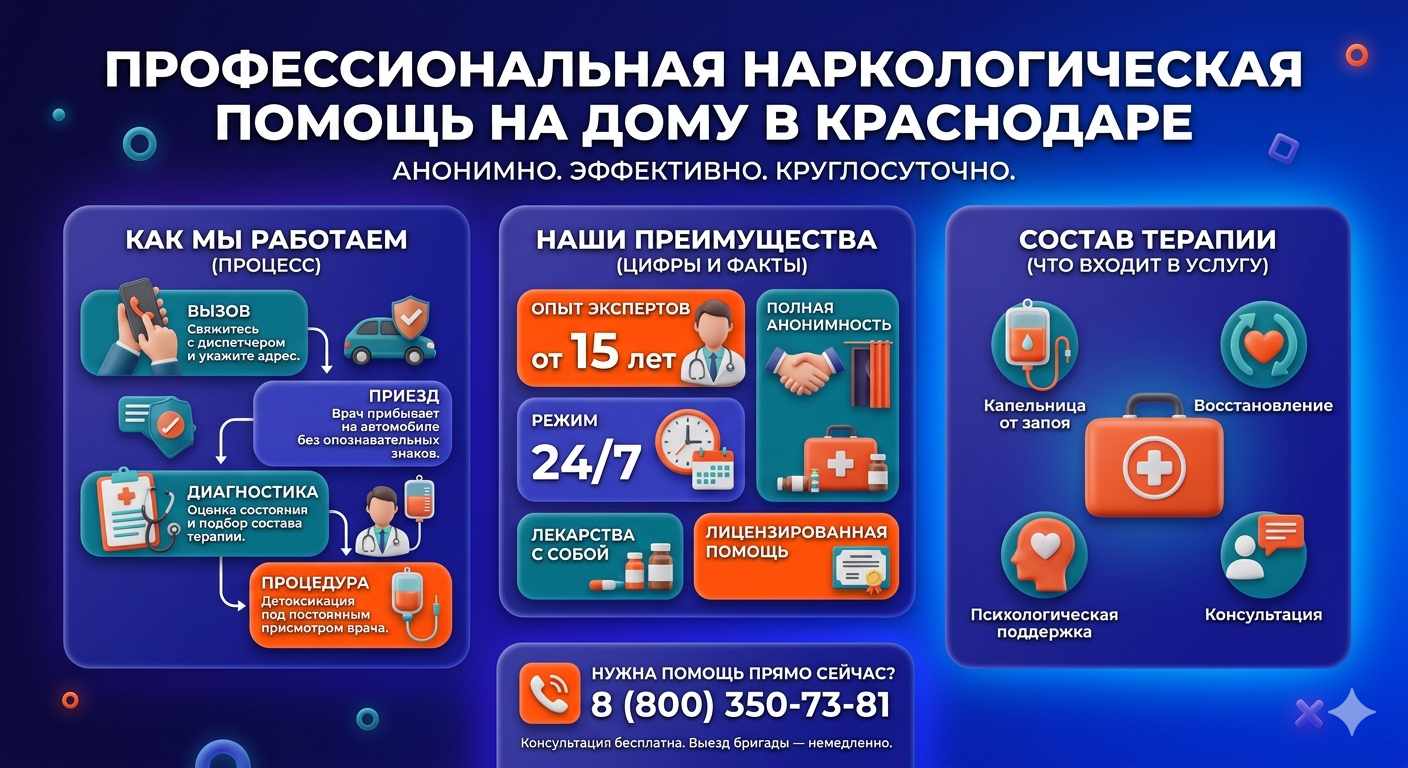 Инфографика о принципах лечения алкоголизма на дому в Обояни: этапы вызова нарколога, преимущества анонимной детоксикации и состав медицинской помощи.